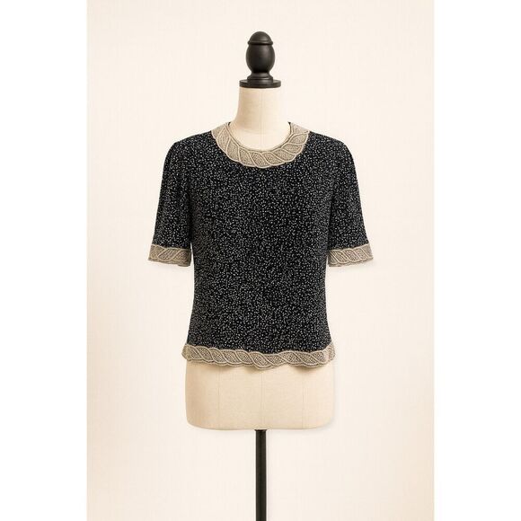 Camille Marie Tops - Camille Marie Vintage 100% Silk Beaded Blouse Short Sleeve Black Cream Size M